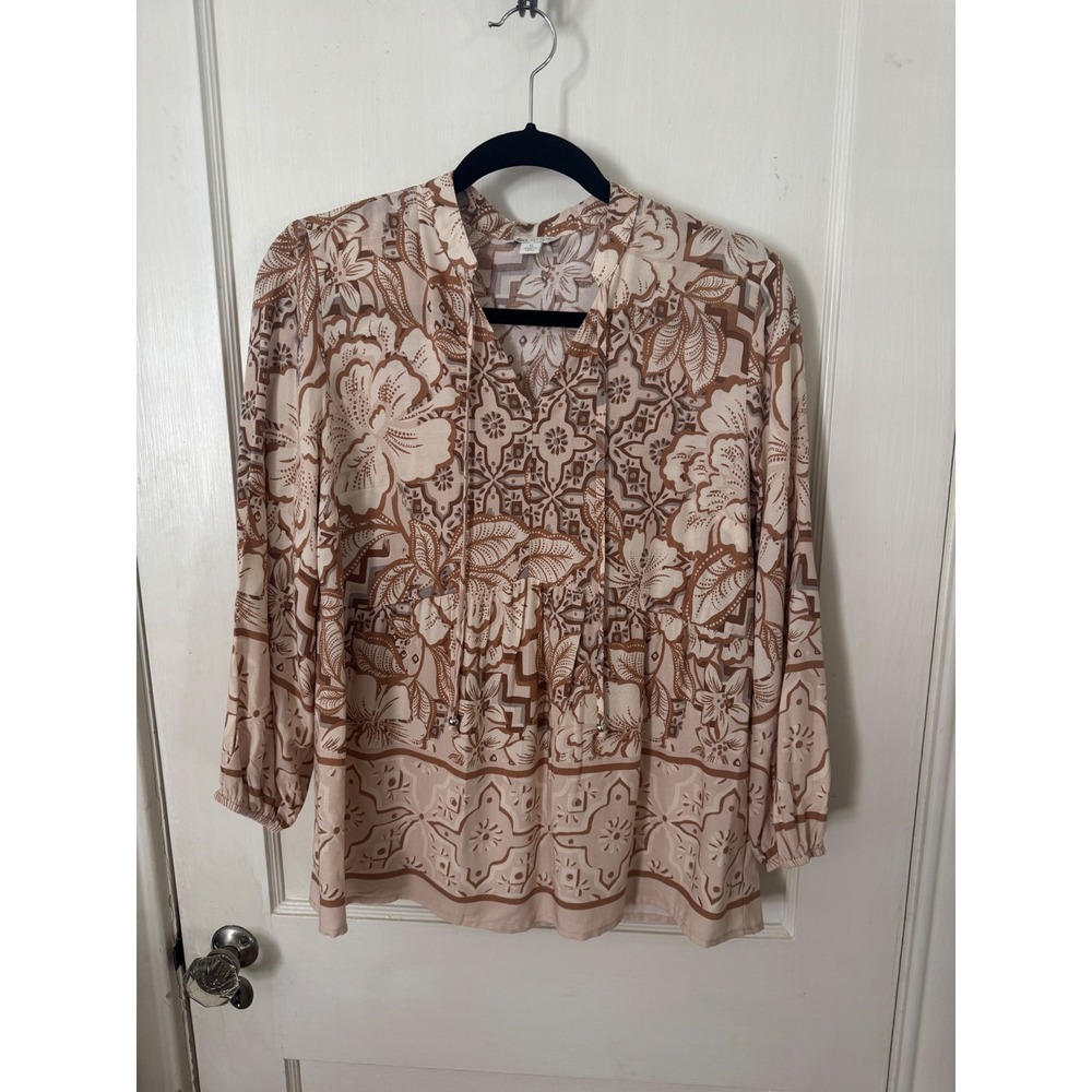 Cato Womens Small Tan Brown Floral Peasant Blouse Tassel Tie Empire Waist Top